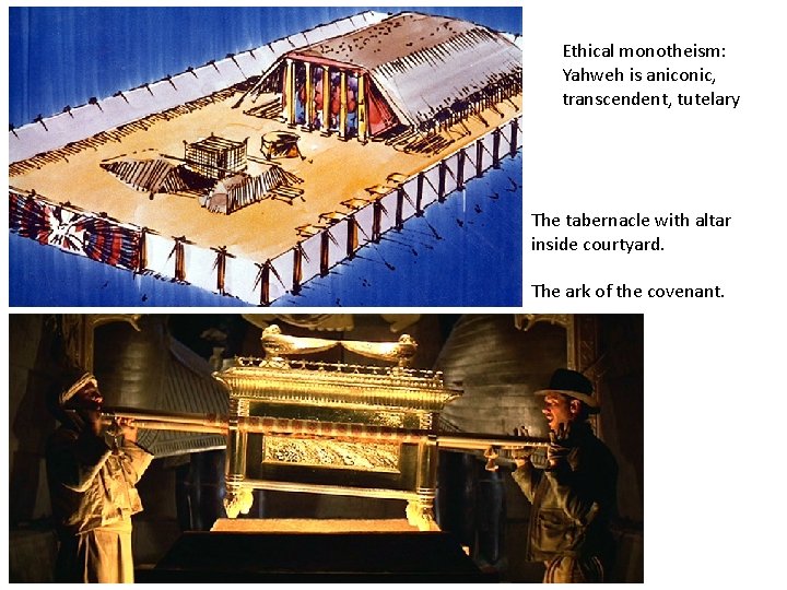 Ethical monotheism: Yahweh is aniconic, transcendent, tutelary The tabernacle with altar inside courtyard. The