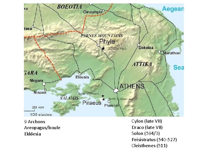 9 Archons Areopagus/boule Ekklesia Cylon (late VII) Draco (late VII) Solon (594/3) Peisistratus (540