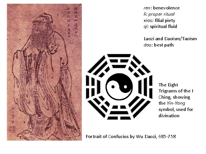 ren: benevolence li: proper ritual xiao: filial piety qi: spiritual fluid Laozi and Daoism/Taoism