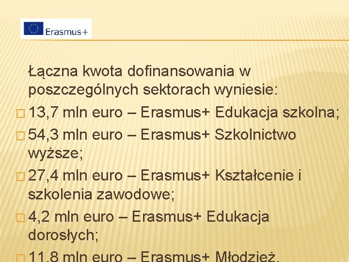 Łączna kwota dofinansowania w poszczególnych sektorach wyniesie: � 13, 7 mln euro – Erasmus+