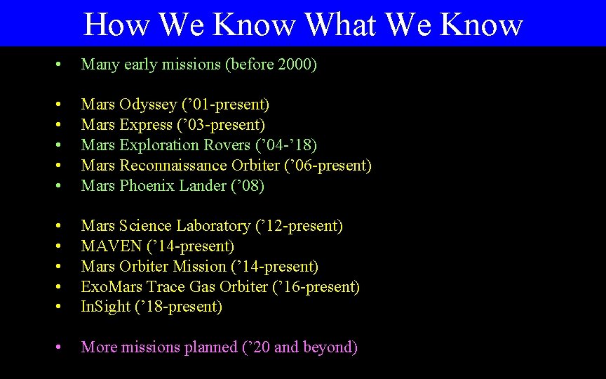 How We Know What We Know • Many early missions (before 2000) • •