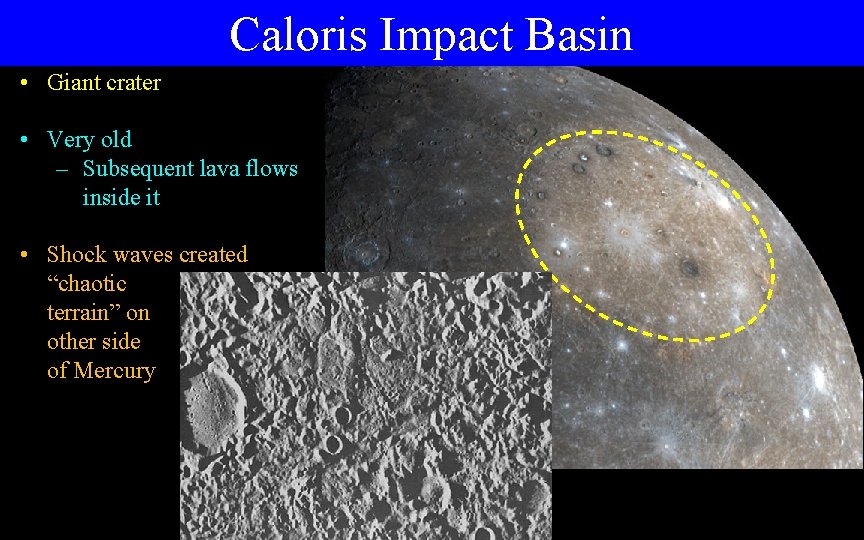Caloris Impact Basin • Giant crater • Very old – Subsequent lava flows inside
