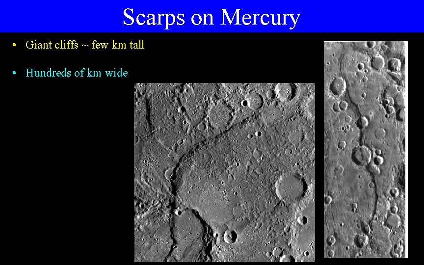Scarps on Mercury • Giant cliffs ~ few km tall • Hundreds of km