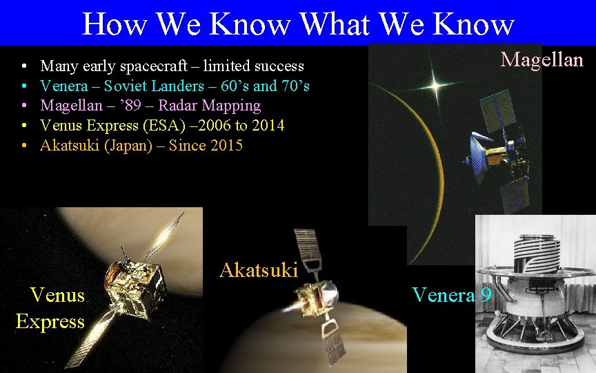 How We Know What We Know • • • Magellan Many early spacecraft –