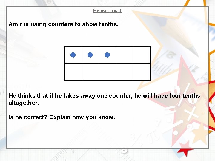 Reasoning 1 Amir is using counters to show tenths. He thinks that if he