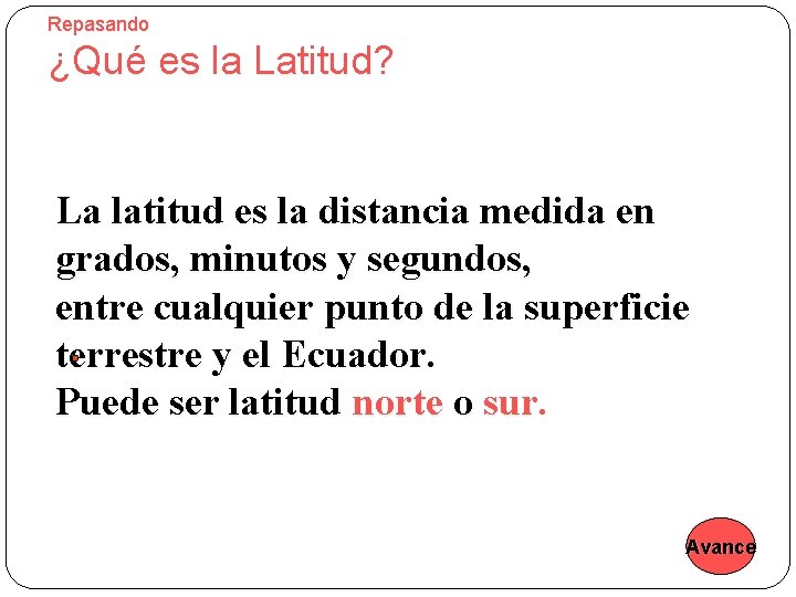 Repasando ¿Qué es la Latitud? La latitud es la distancia medida en grados, minutos