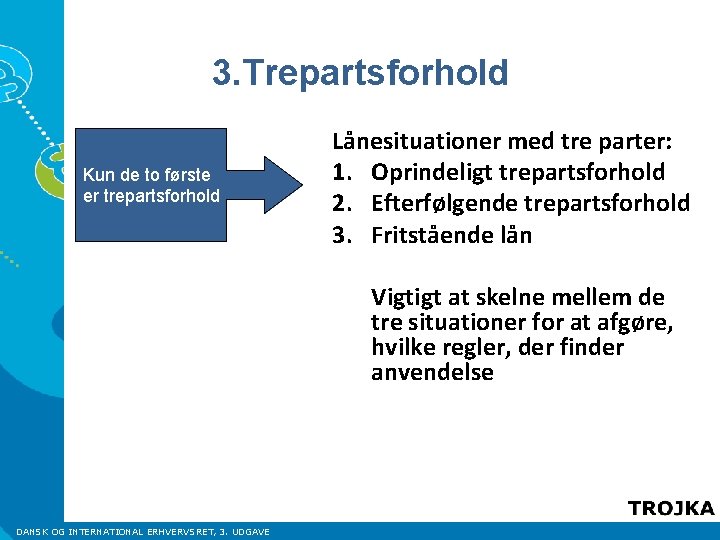 3. Trepartsforhold Kun de to første er trepartsforhold Lånesituationer med tre parter: 1. Oprindeligt