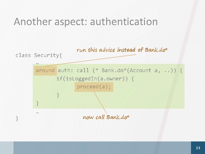 Another aspect: authentication run this advice instead of Bank. do* class Security{ … around