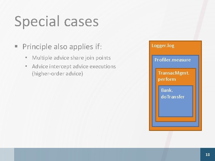 Special cases § Principle also applies if: • Multiple advice share join points •
