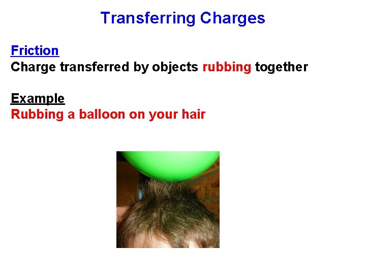 Transferring Charges Friction Charge transferred by objects rubbing together Example Rubbing a balloon on