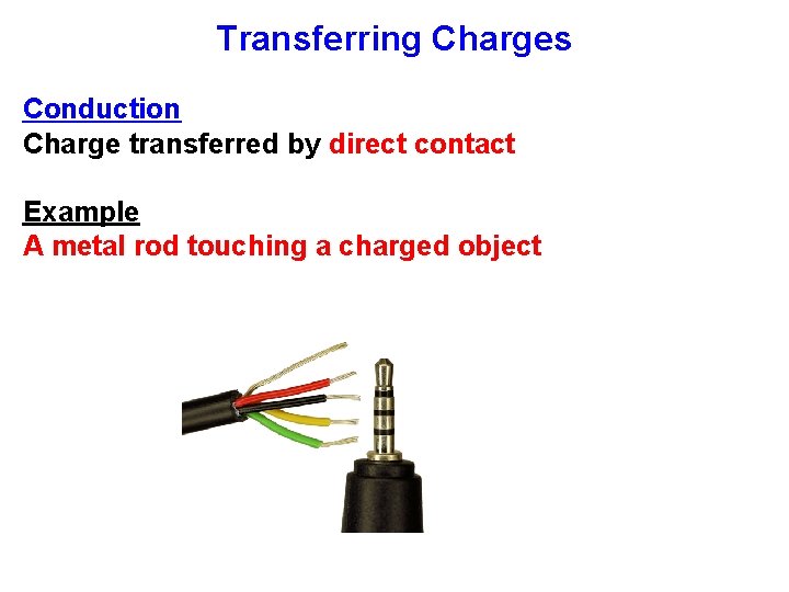 Transferring Charges Conduction Charge transferred by direct contact Example A metal rod touching a Transferring Charges Conduction Charge transferred by direct contact Example A metal rod touching a