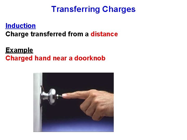 Transferring Charges Induction Charge transferred from a distance Example Charged hand near a doorknob