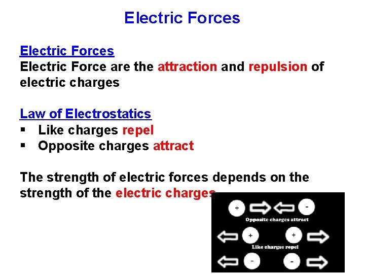 Electric Forces Electric Force are the attraction and repulsion of electric charges Law of Electric Forces Electric Force are the attraction and repulsion of electric charges Law of