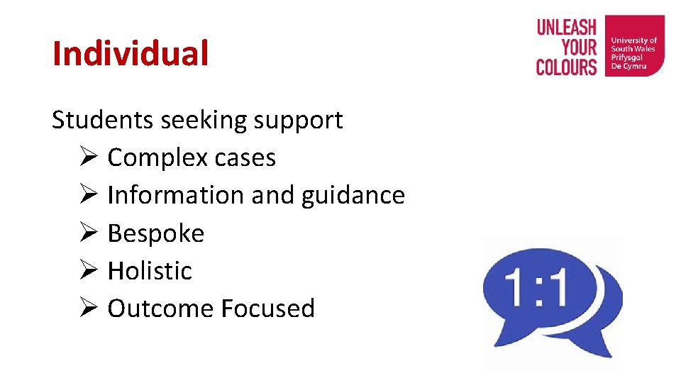 Individual Students seeking support Ø Complex cases Ø Information and guidance Ø Bespoke Ø