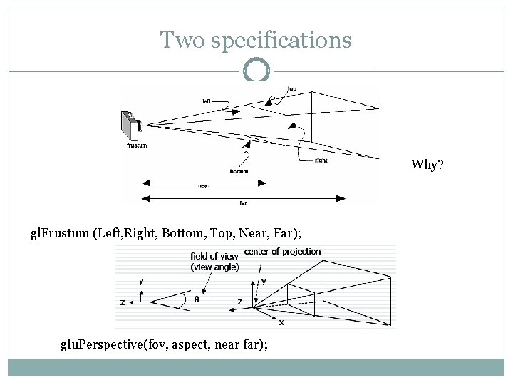 Two specifications Why? gl. Frustum (Left, Right, Bottom, Top, Near, Far); glu. Perspective(fov, aspect,