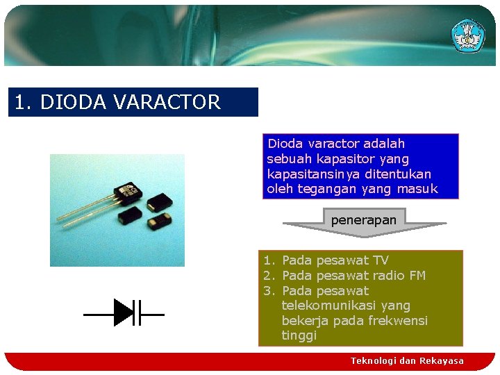 1. DIODA VARACTOR Dioda varactor adalah sebuah kapasitor yang kapasitansinya ditentukan oleh tegangan yang