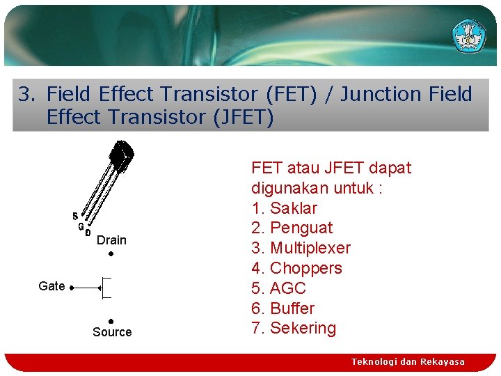 3. Field Effect Transistor (FET) / Junction Field Effect Transistor (JFET) Drain Gate Source