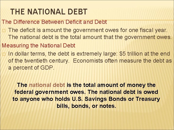 THE NATIONAL DEBT The Difference Between Deficit and Debt � The deficit is amount