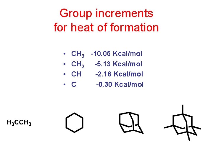 Group increments for heat of formation • • CH 3 -10. 05 Kcal/mol CH
