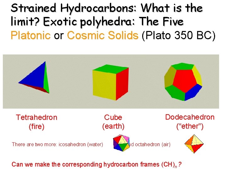 Strained Hydrocarbons: What is the limit? Exotic polyhedra: The Five Platonic or Cosmic Solids