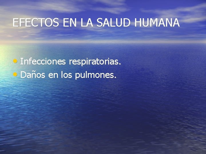 EFECTOS EN LA SALUD HUMANA • Infecciones respiratorias. • Daños en los pulmones. 