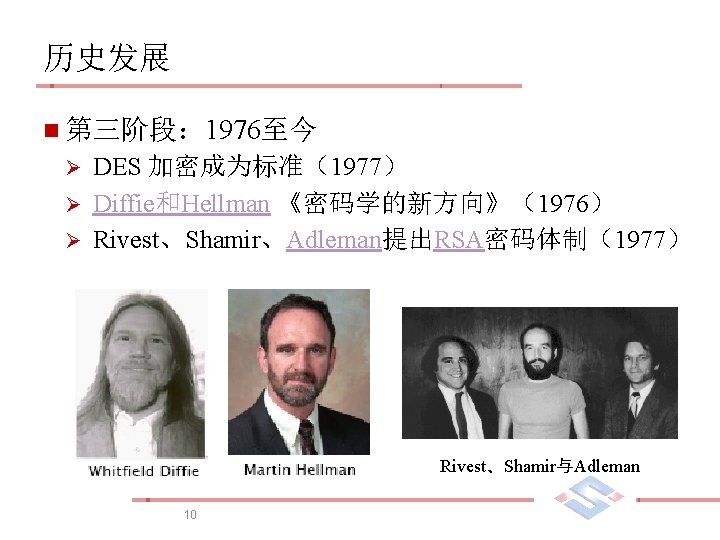 历史发展 n 第三阶段： 1976至今 DES 加密成为标准（1977） Ø Diffie和Hellman 《密码学的新方向》（1976） Ø Rivest、Shamir、Adleman提出RSA密码体制（1977） Ø Rivest、Shamir与Adleman 10