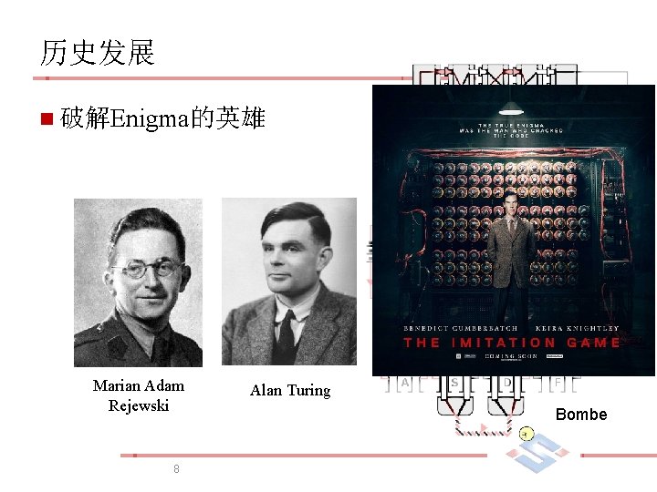 历史发展 n 破解Enigma的英雄 Marian Adam Rejewski 8 Alan Turing Bombe 