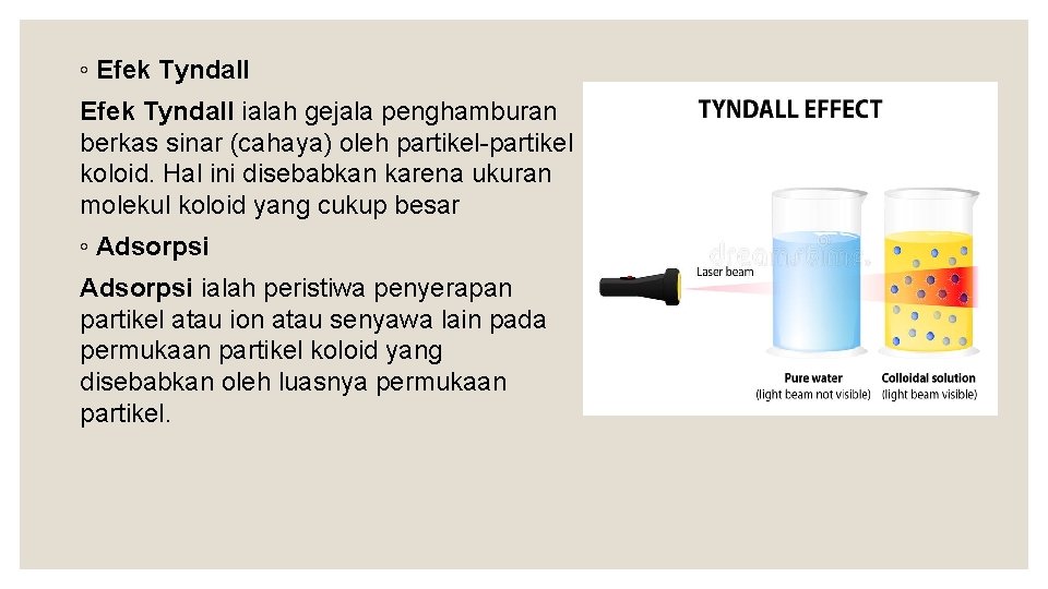 ◦ Efek Tyndall ialah gejala penghamburan berkas sinar (cahaya) oleh partikel-partikel koloid. Hal ini
