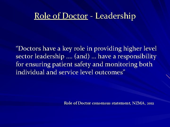 Role of Doctor - Leadership “Doctors have a key role in providing higher level