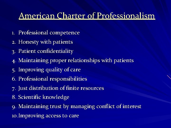 American Charter of Professionalism 1. Professional competence 2. Honesty with patients 3. Patient confidentiality