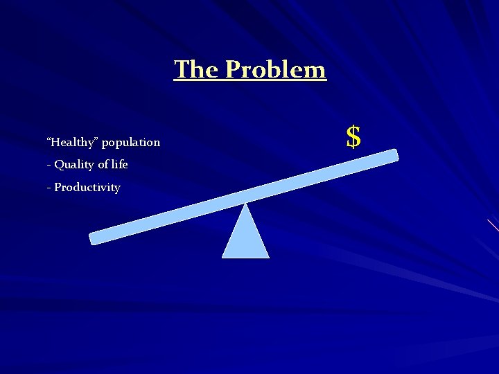 The Problem “Healthy” population - Quality of life - Productivity $ 