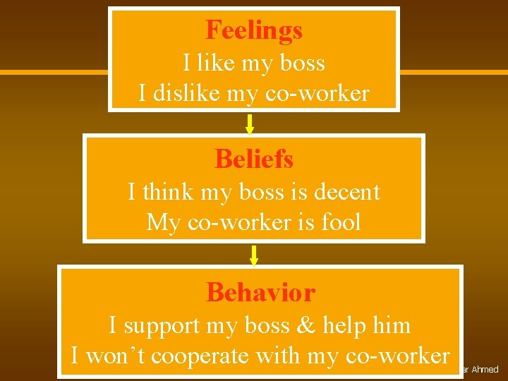 Feelings I like my boss I dislike my co-worker Beliefs I think my boss