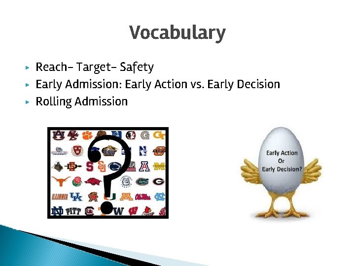 Vocabulary ▶ ▶ ▶ Reach- Target- Safety Early Admission: Early Action vs. Early Decision