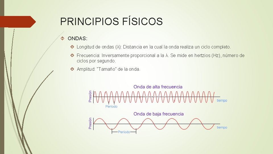 PRINCIPIOS FÍSICOS ONDAS: Longitud de ondas (λ): Distancia en la cual la onda realiza