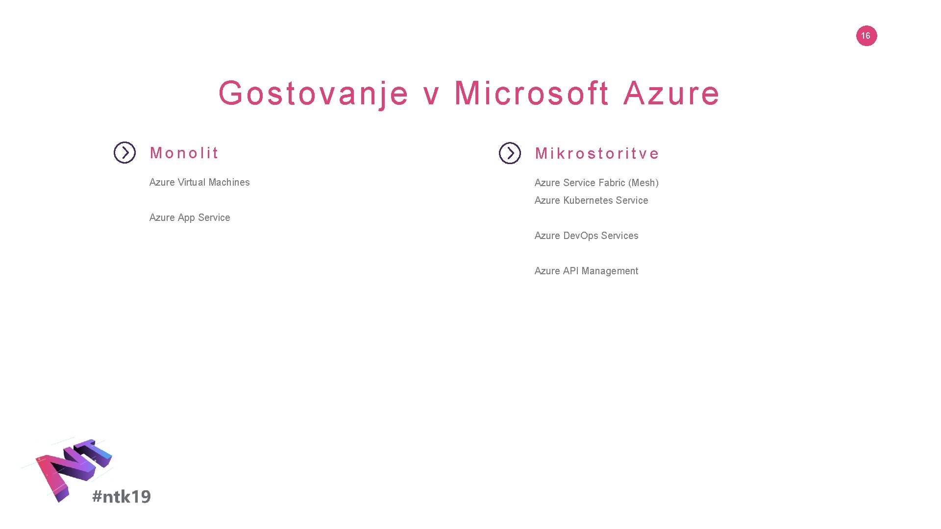 16 Gostovanje v Microsoft Azure Monolit Mikrostoritve Azure Virtual Machines Azure Service Fabric (Mesh)