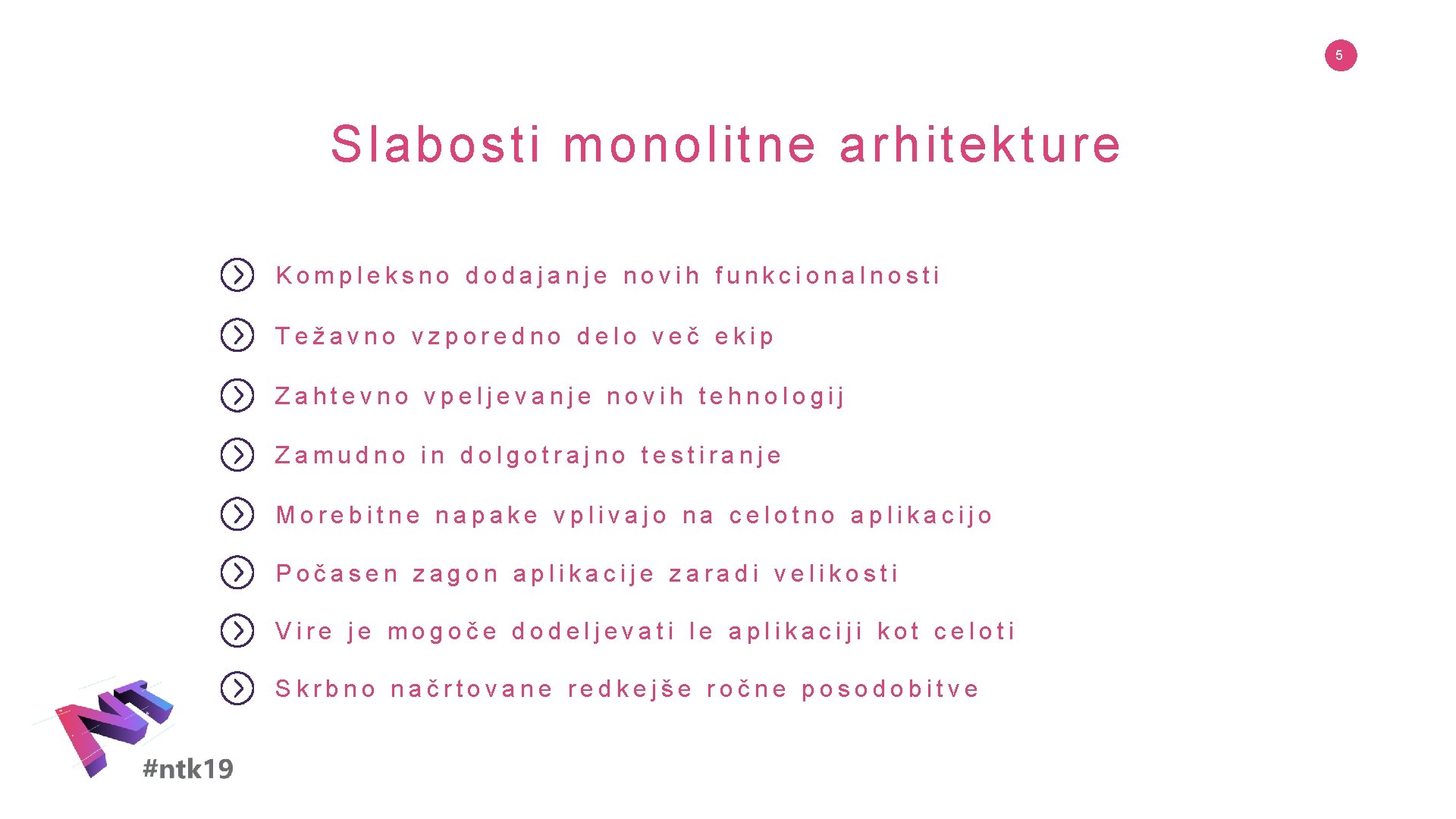 5 Slabosti monolitne arhitekture Kompleksno dodajanje novih funkcionalnosti Težavno vzporedno delo več ekip Zahtevno