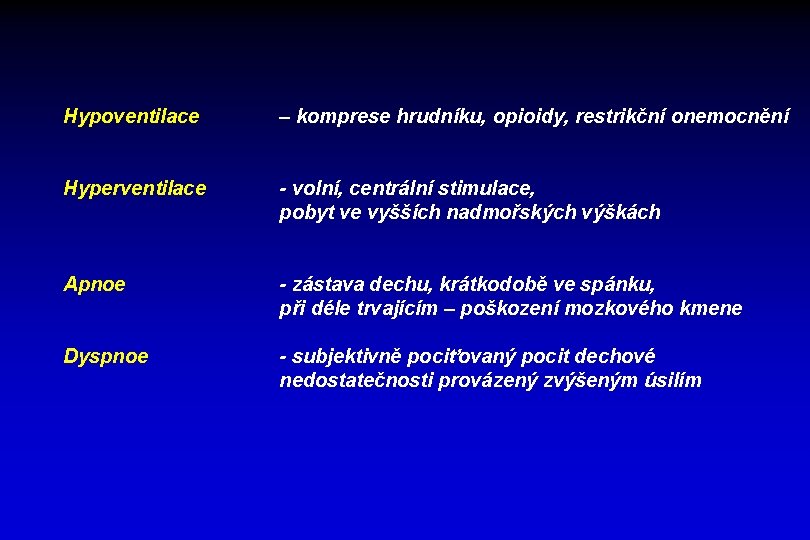 Hypoventilace – komprese hrudníku, opioidy, restrikční onemocnění Hyperventilace - volní, centrální stimulace, pobyt ve