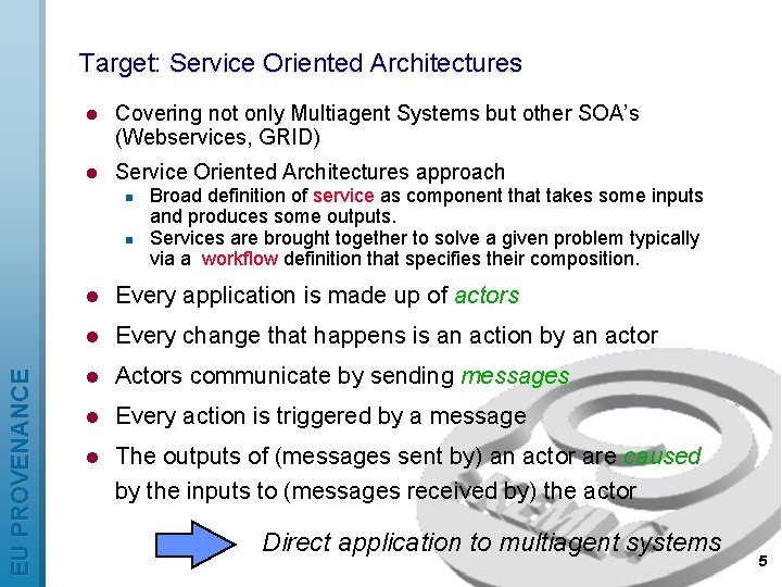 Target: Service Oriented Architectures l Covering not only Multiagent Systems but other SOA’s (Webservices,