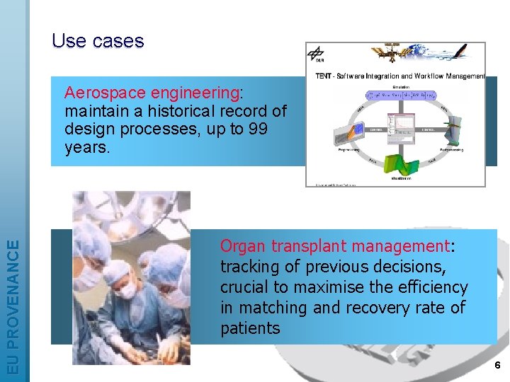 Use cases EU PROVENANCE Aerospace engineering: maintain a historical record of design processes, up