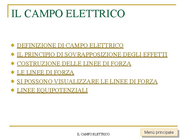 IL CAMPO ELETTRICO ¬ DEFINIZIONE DI CAMPO ELETTRICO ¬ IL PRINCIPIO DI SOVRAPPOSIZIONE DEGLI