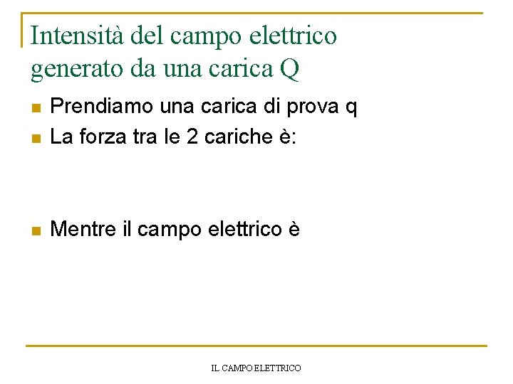 Intensità del campo elettrico generato da una carica Q n Prendiamo una carica di