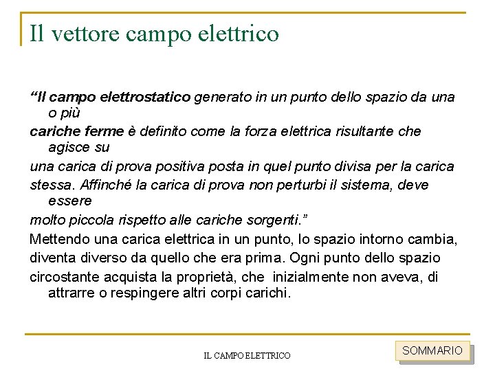 Il vettore campo elettrico “Il campo elettrostatico generato in un punto dello spazio da