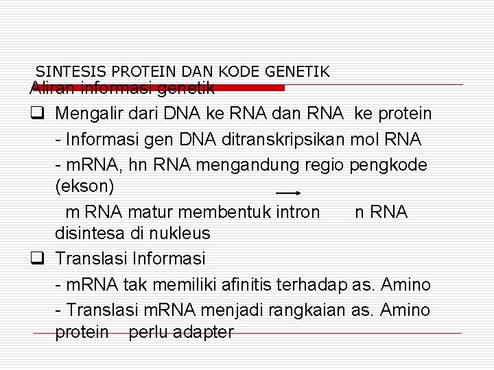 SINTESIS PROTEIN DAN KODE GENETIK Aliran informasi genetik q Mengalir dari DNA ke RNA