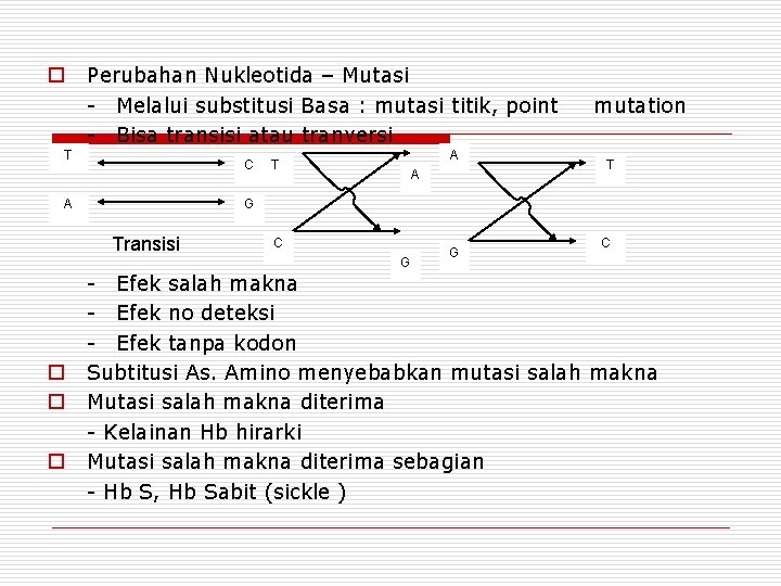 o Perubahan Nukleotida – Mutasi - Melalui substitusi Basa : mutasi titik, point -