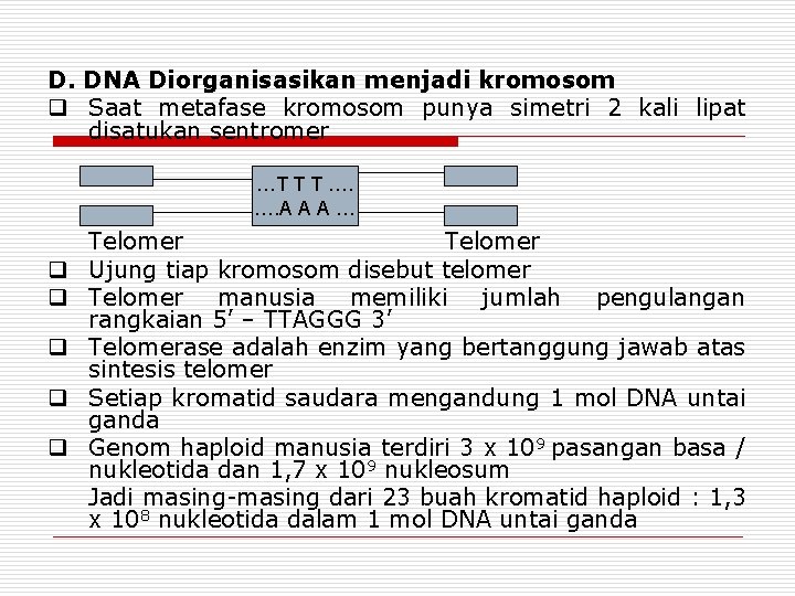 D. DNA Diorganisasikan menjadi kromosom q Saat metafase kromosom punya simetri 2 kali lipat