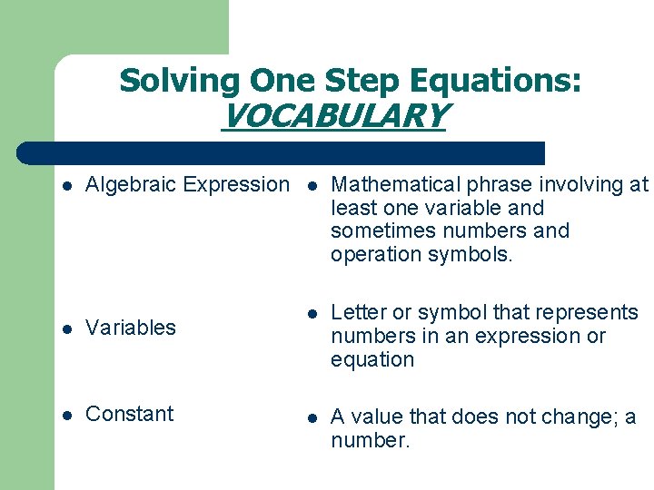 Solving One Step Equations: VOCABULARY l Algebraic Expression l Variables l Constant l Mathematical