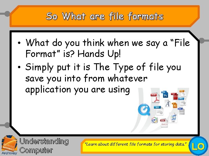 Understanding Computer Systems 9 File formats for storing