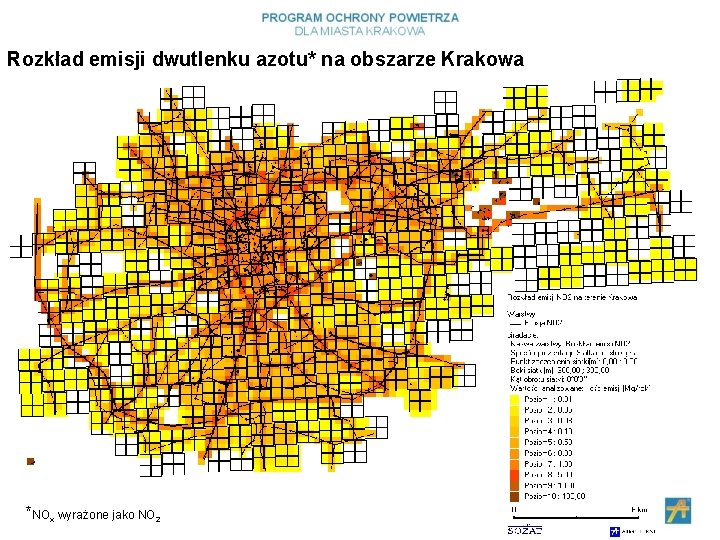 Rozkład emisji dwutlenku azotu* na obszarze Krakowa *NOx wyrażone jako NO 2 