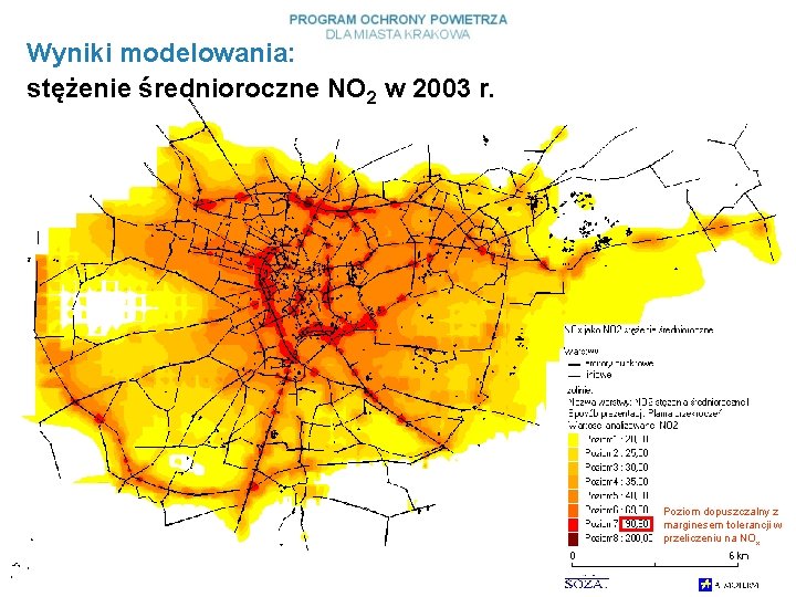 Wyniki modelowania: stężenie średnioroczne NO 2 w 2003 r. Poziom dopuszczalny z marginesem tolerancji