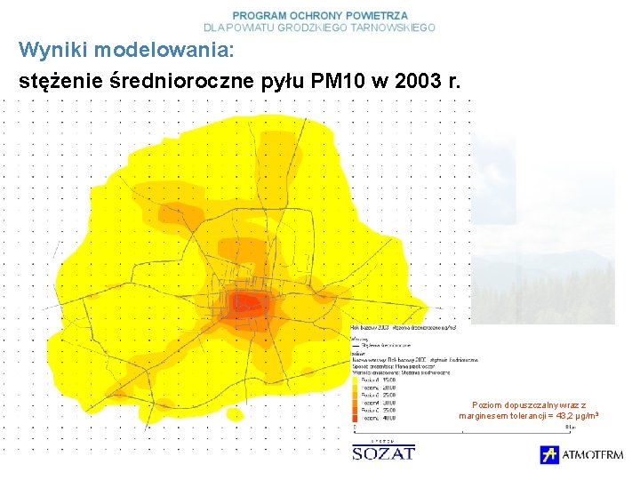 Wyniki modelowania: stężenie średnioroczne pyłu PM 10 w 2003 r. Poziom dopuszczalny wraz z